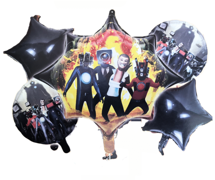 MPS My Party Suppliers Set of 5 Skibidi theme Foil Balloon, Superhero Theme Party, Balloons for kids Party Decoration, Cartoon Foil Balloon, black star balloons, superhero round balloons - Image 1