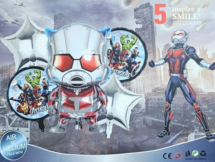 MPS MY PARTY SUPPLIERS® Set of 5 Ant man Themed Birthday Decorations Foil Balloons Superhero Birthday Decoration Balloon Cartoon Ant Man Foil Balloons Kids Balloons for kids Party With Silver Stars - Image 3