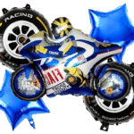 MPS MY PARTY SUPPLIERS® Set of 5 Racing bike and tyres Foil Balloons, blue star balloons, motor bike balloon for Kids, Monster Cars bikes, vehicle transport truck theme, Racing Car balloon