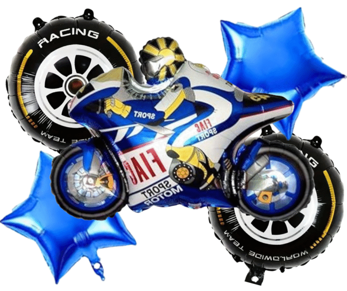 MPS MY PARTY SUPPLIERS® Set of 5 Racing bike and tyres Foil Balloons, blue star balloons, motor bike balloon for Kids, Monster Cars bikes, vehicle transport truck theme, Racing Car balloon - Image 1