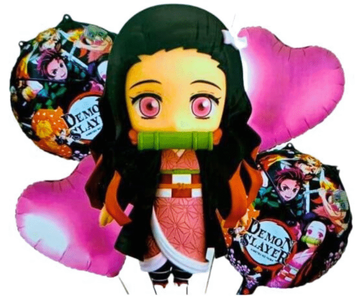 MPS MY PARTY SUPPLIERS® Set of 5 Anime cartoon character Nezuko foil balloons, cartoon balloons for kids birthday decoration, pink heart balloons, Anime theme decoration - Image 1