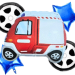 MPS MY PARTY SUPPLIERS® Set of 5 Fire truck and tyres foil balloons, Blue star foil balloons, Car balloon for Kids birthday decoration, Transport theme balloons for kindergarten, Fire Truck Balloon