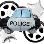 MPS MY PARTY SUPPLIERS® Set of 5 Police Car and tyres Foil Balloons, Police Patrol Car Foil Balloons, Silver star balloons, car balloon for Kids, vehicle transport truck theme, Cartoon Car Balloons