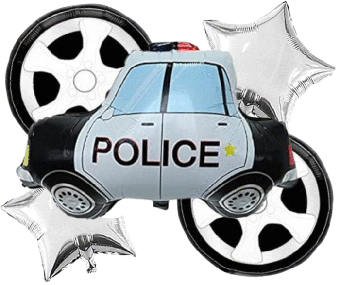 MPS MY PARTY SUPPLIERS® Set of 5 Police Car and tyres Foil Balloons, Police Patrol Car Foil Balloons, Silver star balloons, car balloon for Kids, vehicle transport truck theme, Cartoon Car Balloons - Image 1