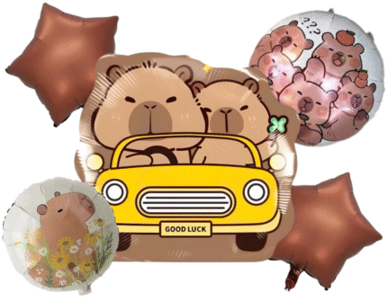 MPS MY PARTY SUPPLIERS® Set of 5 Animal Theme Foil Balloons Capybara sitting in Car Balloon Pig Foil Balloon With Brown Stars Decoration for kids Boys Girls Brown Capybara Room Decoration