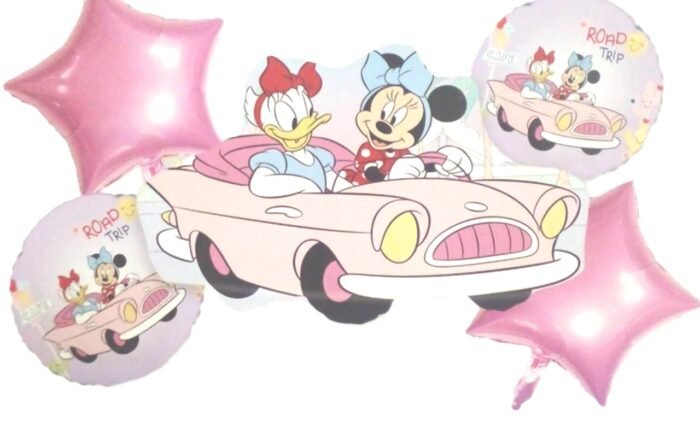 minnie mouse and daisy duck in car balloon MPS My Party Suppliers Beautiful Combo Set of 5 Minnie Mouse and Daisy Duck in Car Foil Balloons for birthday decoration, Baby Shower, Events Decoration. Minnie Mouse foil balloon. Car balloon. - Image 1
