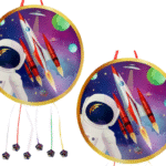 MPS MY PARTY SUPPLIERS® 1pc Space Pull String Round Shaped Pinata Astronaut Rocket Print Khoi Bag Kids Party Goodie Bags Space Theme Party Supplies for boys Outer Space Theme Birthday Decoration