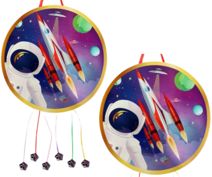 MPS MY PARTY SUPPLIERS® 1pc Space Pull String Round Shaped Pinata Astronaut Rocket Print Khoi Bag Kids Party Goodie Bags Space Theme Party Supplies for boys Outer Space Theme Birthday Decoration