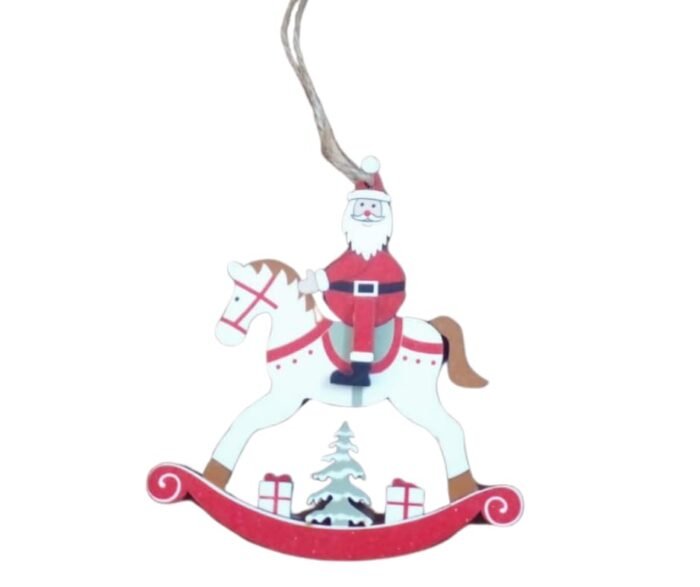 41AAyLbfc3L 1pc Santa Sitting On White Rocking Horse | Wooden - Image 1