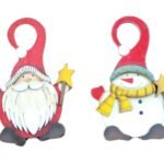 Set of 2 Christmas Hanging Ornaments, Wooden Santa Claus Snowman
