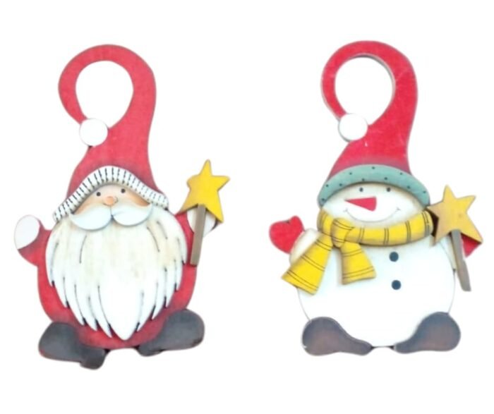 Set of 2 Christmas Hanging Ornaments, Wooden Santa Claus Snowman - Image 1