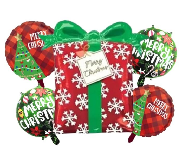 610NH7sAzRL Set of 5 Christmas gift box foil balloon, red green round Balloons, Christmas festive Decor, xmas balloon decor, christmas theme, surprise box balloon, balloons decoration - Image 1