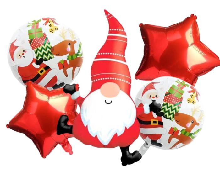 Set of 5 Christmas Gnome foil balloon, red Star Foil Balloons decorations, Christmas festive Decor, xmas balloon decor, merry xmas santa decor, santa balloons, round balloon - Image 1