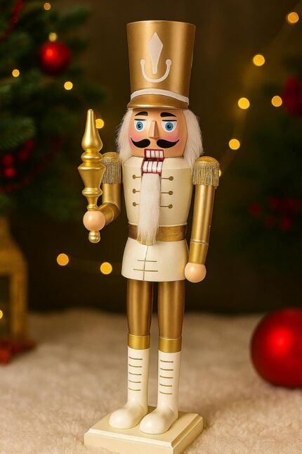25-Inch Standing Nutcracker King | Gold & White Wooden Christmas Decor Figurine | Musical Nutcracker Soldier Plays Jingle Bells | USB Charging & Battery Operated | Holiday Ornament Display (Design1)