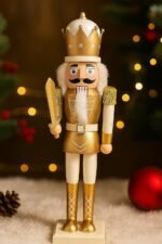 25-Inch Standing Nutcracker King | Gold & White Wooden Christmas Decor Figurine | Musical Nutcracker Soldier Plays Jingle Bells | USB Charging & Battery Operated | Holiday Ornament Display (Design3)