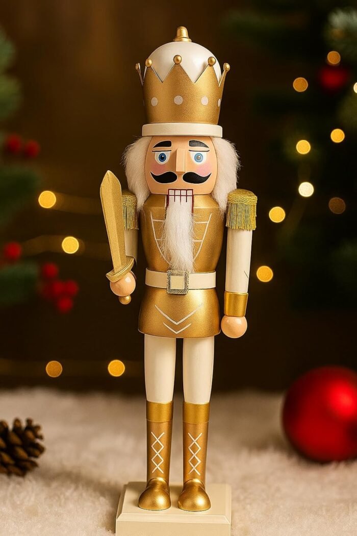 25-Inch Standing Nutcracker King | Gold & White Wooden Christmas Decor Figurine | Musical Nutcracker Soldier Plays Jingle Bells | USB Charging & Battery Operated | Holiday Ornament Display (Design3) - Image 1