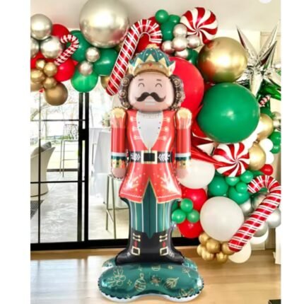 Giant 58-Inch Christmas Nutcracker Foil Balloon, Premium Red and Green Aluminium Material, Holiday Party Decoration with Crown and Base, 147cm Tall
