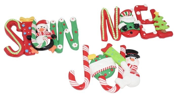 Christmas Tree Hanging Words Snow Joy Noel Decorated with Candy Cane Santa Snowman 3pcs - Image 4