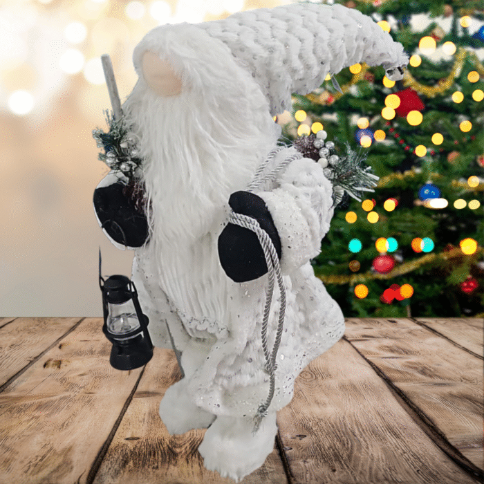 18" Elegant White Frost Standing Santa Claus with Lantern | Plush Gnome Christmas Decoration | Winter White Santa Figure for Tabletop, Tiered Tray, Home & Holiday Decor | Christmas Ornament Statue - Image 2