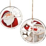 Set of 2 Wooden Christmas Hanging Ornaments – Santa & Snowman Round Window Décor
