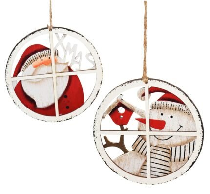 Set of 2 Wooden Christmas Hanging Ornaments – Santa & Snowman Round Window Decor for Xmas Tree, Wall, Door & Home Decoration