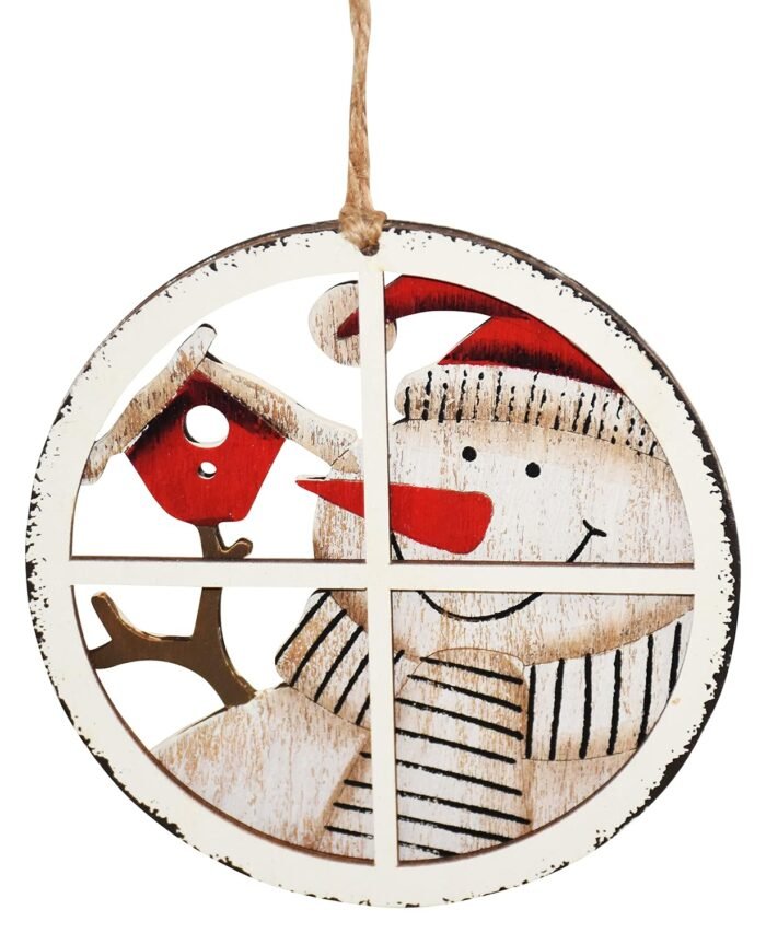 Set of 2 Wooden Christmas Hanging Ornaments – Santa & Snowman Round Window Decor for Xmas Tree, Wall, Door & Home Decoration - Image 2