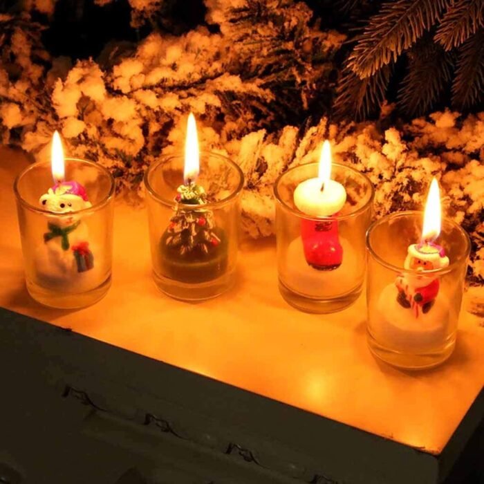 set of 4 glass candle4 4Pcs Christmas Tea Lights Candles Snowman Santa Tree Shape Cup Candle Decorative Candle Decoration Church Candles Ball Candles Ornaments (4Pcs Christmas Glass Candle Candles) - Image 1