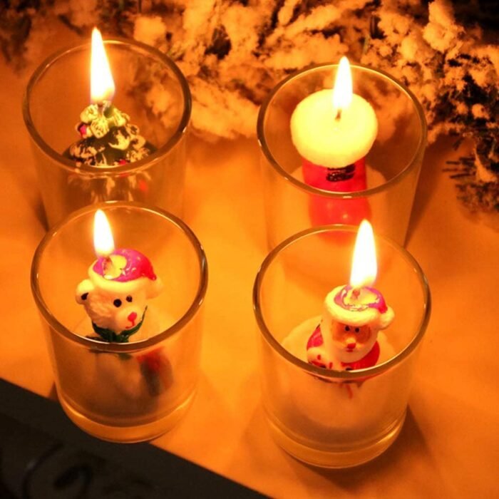 4Pcs Christmas Tea Lights Candles Snowman Santa Tree Shape Cup Candle Decorative Candle Decoration Church Candles Ball Candles Ornaments (4Pcs Christmas Glass Candle Candles) - Image 4