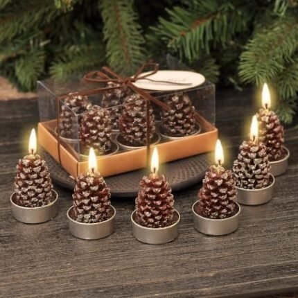 6 Pcs Pinecone Tealight Candles, Snow-Frosted Christmas Pine Cone Candles Set for Home Decor, Table Centerpiece, Holiday Decoration, Christmas Gifts, Winter Party Decorations