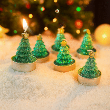 6 Pcs Christmas Tree Tealight Candles – Glitter Green Mini Tree Shape Candles for Christmas Decorations, Home Décor, Table Centerpiece, Holiday Gifts, Winter Party Decoration