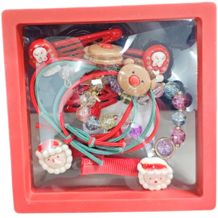 1 Christmas Hair Accessories Gift Box for Girls | 3 Pairs Hair Pins, 2 Rubber Bands & 1 Bracelet | Santa & Xmas Theme Hair Set for Kids | Holiday Gifting & Party - Image 1