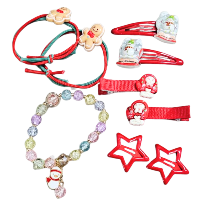 Christmas Hair Accessories Gift Box for Girls | 3 Pairs Hair Pins, 2 Rubber Bands & 1 Bracelet | Santa & Xmas Theme Hair Set for Kids | Holiday Gifting & Party (Box 2) - Image 3
