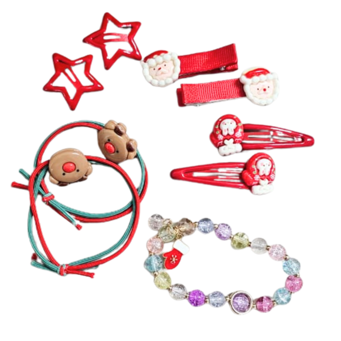 Christmas Hair Accessories Gift Box for Girls | 3 Pairs Hair Pins, 2 Rubber Bands & 1 Bracelet | Santa & Xmas Theme Hair Set for Kids | Holiday Gifting & Party - Image 5
