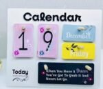 Wooden Desk Calendar with Interchangeable Date Cards, White Base with Colorful Month and Day Display