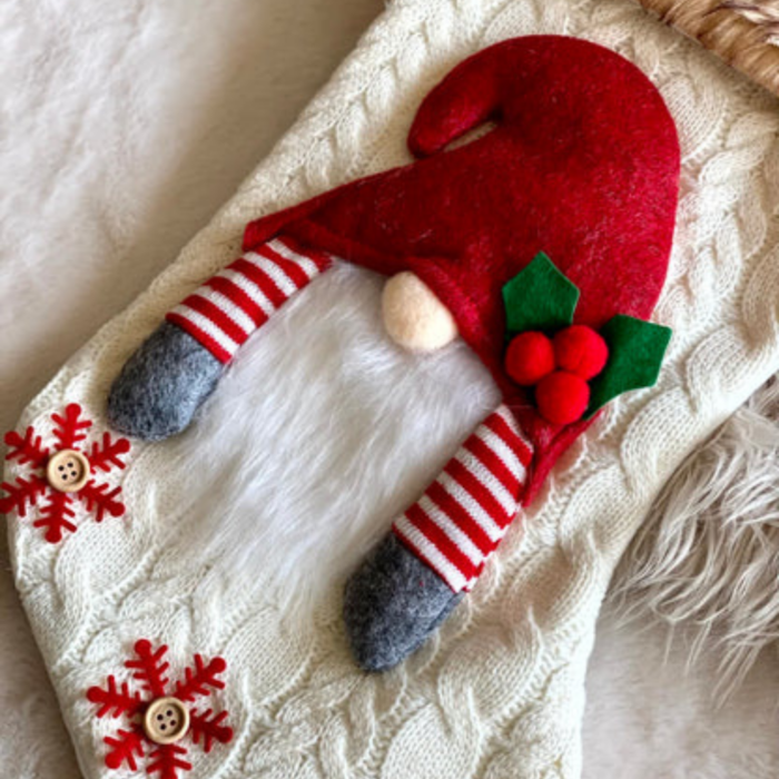 Christmas Gnome Stocking – 45 x 29 cm Large Knit Cream Stocking with Faux Fur Cuff, Cute Plush Gnome Hanging Decor for Fireplace, Home Stuffers - Image 2