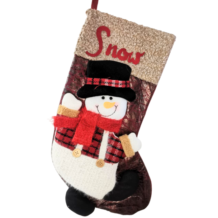 Christmas Snowman Stocking – 45 x 29 cm Large Burgundy & Beige Knit Xmas Stocking with Plush Snowman, Hanging Fireplace Decoration for Home Stuffers - Image 1