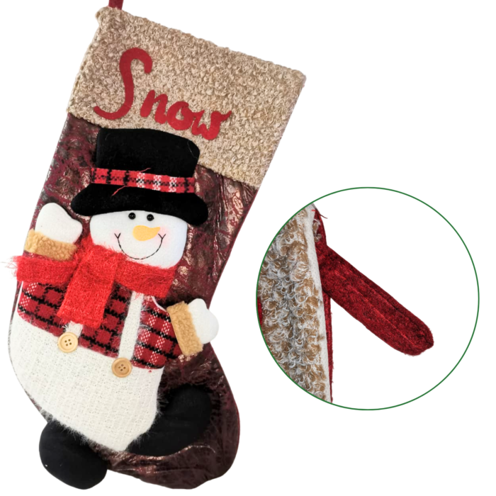 Christmas Snowman Stocking – 45 x 29 cm Large Burgundy & Beige Knit Xmas Stocking with Plush Snowman, Hanging Fireplace Decoration for Home Stuffers - Image 3