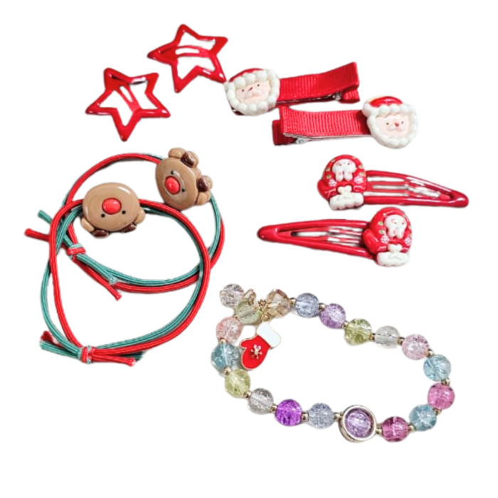 Christmas Hair Accessories Gift Box for Girls | 3 Pairs Hair Pins, 2 Rubber Bands & 1 Bracelet | Santa & Xmas Theme Hair Set for Kids | Holiday Gifting & Party - Image 3