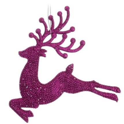Set of 2 Glitter Reindeer Hanging Ornaments – Pink Reindeer Bell Pendant for Xmas Tree Décor, Sparkling Holiday Hanging Decoration (13 cm)