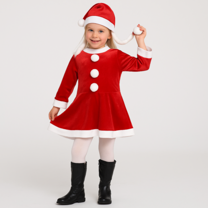 Girls Santa Claus Dress Costume Set (4–6 Years) – Includes Santa Frock & Hat | Christmas Fancy Dress for Kids, School Functions, Parties & Celebrations