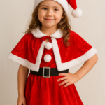Christmas Santa Dress for Girls (Free Size, Age 5–10 Years) – Cute Red Velvet Santa Costume with Cape, Belt & Hat