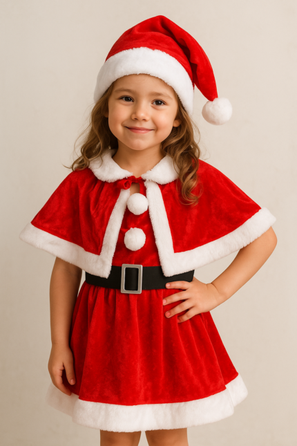 Christmas Santa Dress for Girls (Free Size, Age 5–10 Years) – Cute Red Velvet Santa Costume with Cape, Belt & Hat