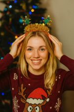 Set of 2 Christmas Tree Headbands – Golden Tinsel Xmas Hairbands with Glitter Tree Antennas - Image 2