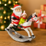 Santa Riding Horse Figurine – 14 x 10 x 4 cm Santa with Girl on Rocking Horse