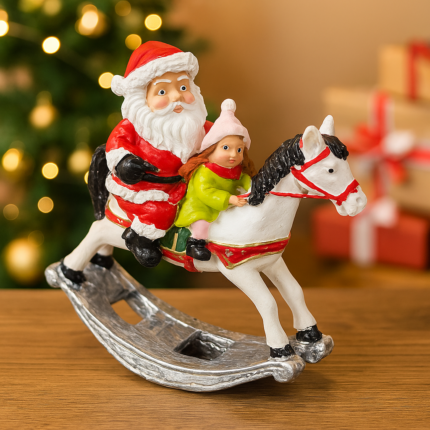 Santa Riding Horse Figurine – 14 x 10 x 4 cm Santa with Girl on Rocking Horse