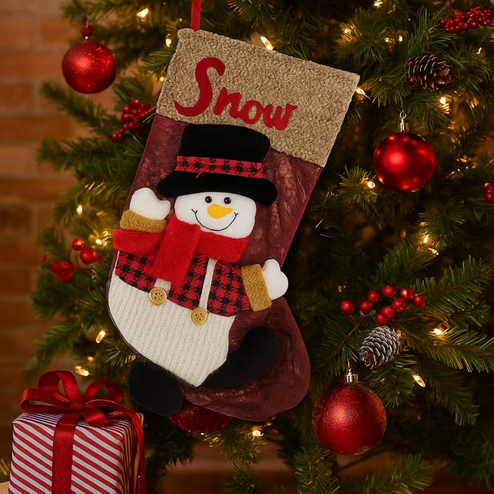 Christmas Snowman Stocking – 45 x 29 cm Large Burgundy & Beige Knit Xmas Stocking with Plush Snowman, Hanging Fireplace Decoration for Home Stuffers - Image 2