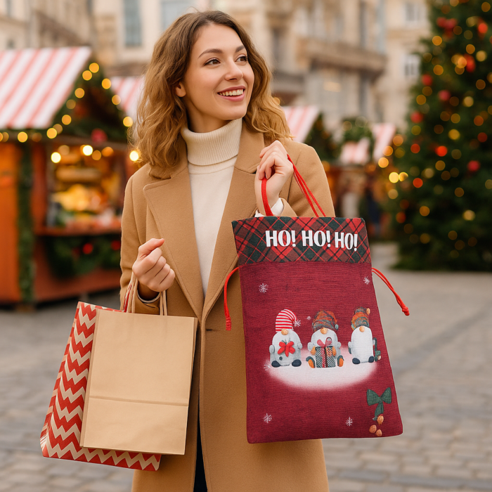 Christmas Gift Bag 32 × 20 cm – Ho Ho Ho Gnome Print Drawstring Bag - Reusable - Image 2