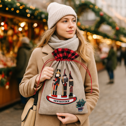 MPS MY PARTY SUPPLIERS® Christmas Nutcracker Gift Bag 32 × 20 cm – Ho Ho Ho Drawstring Fabric Bag, Reusable Gift Pouch for Gifting, Return Gifts, Hampers & Christmas Decorations