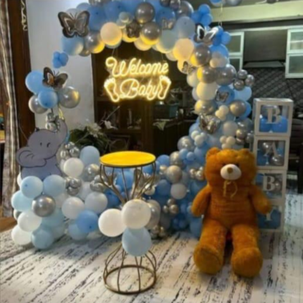 Decoration ID: MPS-WB1010 | Welcome Baby Decoration Package | Blue & Silver Balloon Arch, Neon Light, Teddy & Baby Blocks Setup