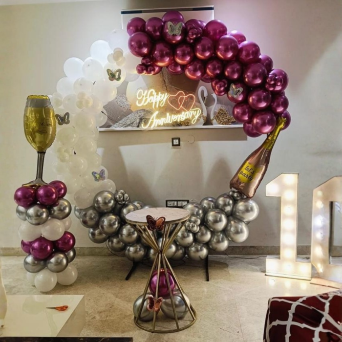 Decoration ID: MPS-AD1111 | Luxury Anniversary Balloon Decoration Package | Wine Bottle Theme, Neon Light & Silver–Maroon Balloon Arch - Image 1